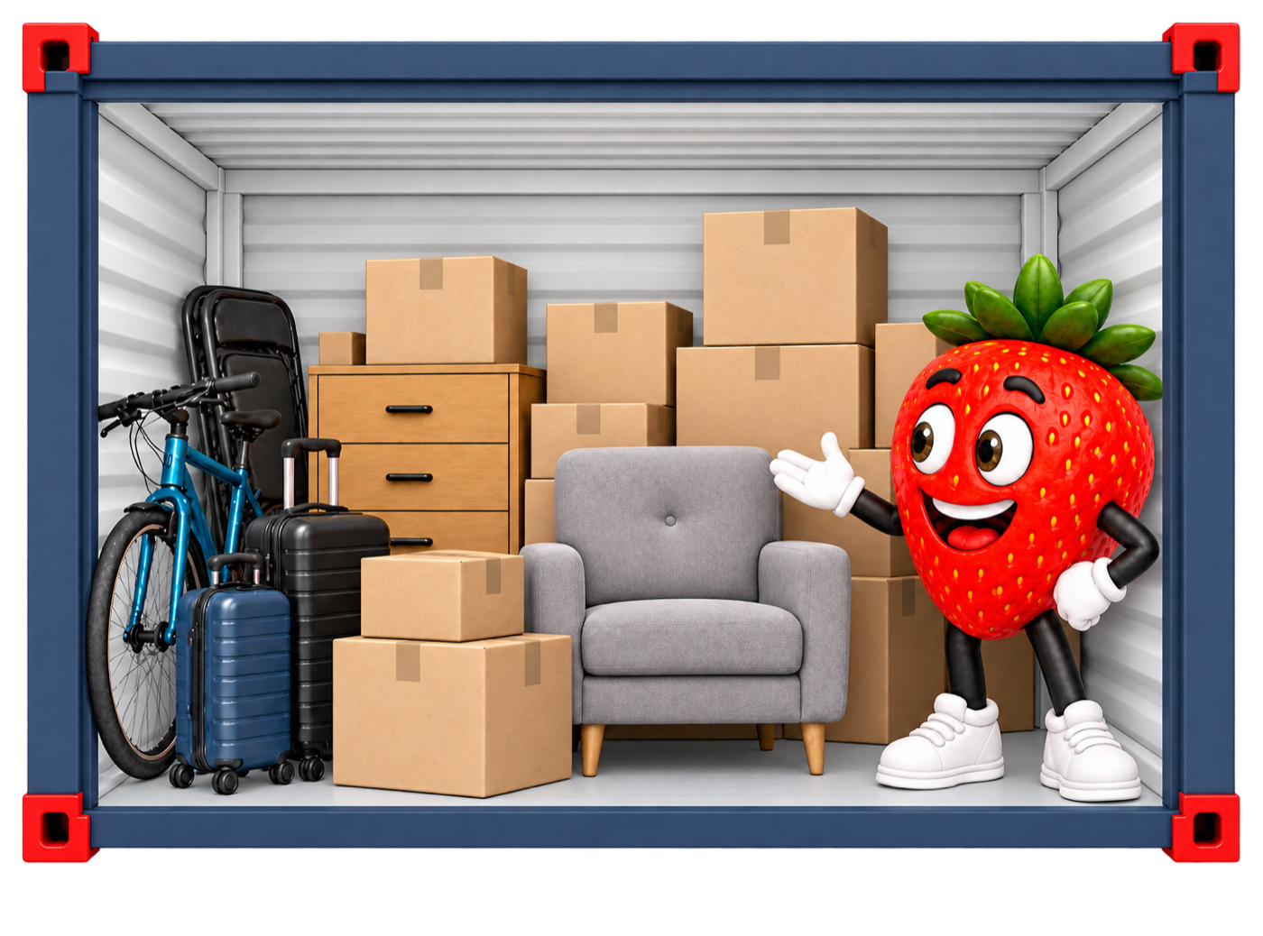 Otwarty biały boks self storage z granatową ramą, rzeczami i truskawką BOXi stojącą wewnątrz